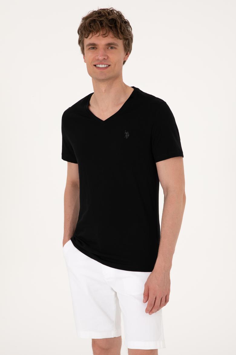 Erkek Slim Fit V Yaka Siyah Basic Tişört - 50297985016
