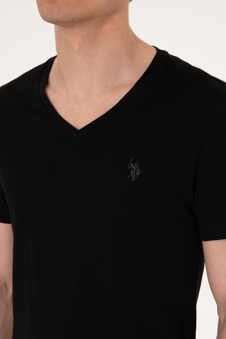 Erkek Slim Fit V Yaka Siyah Basic Tişört - 50297985016