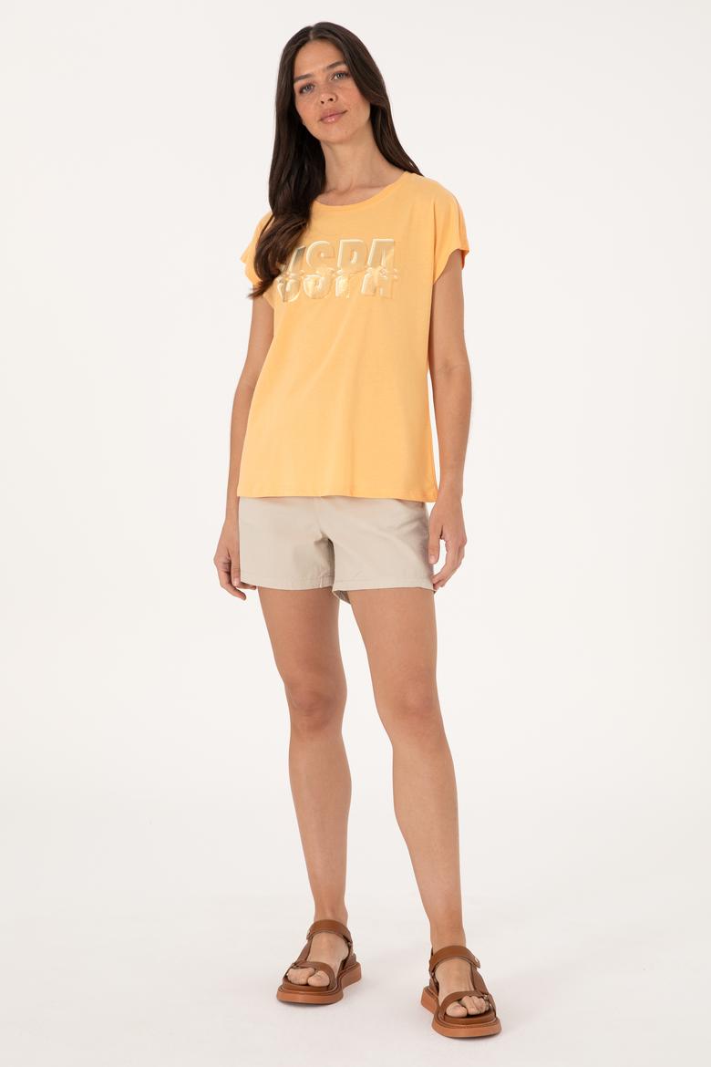 Kadın Turuncu Bisiklet Yaka Tişört - 50299764008