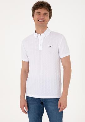 Erkek Slim Fit Polo Yaka Beyaz Dokulu Tişört - 50300104001