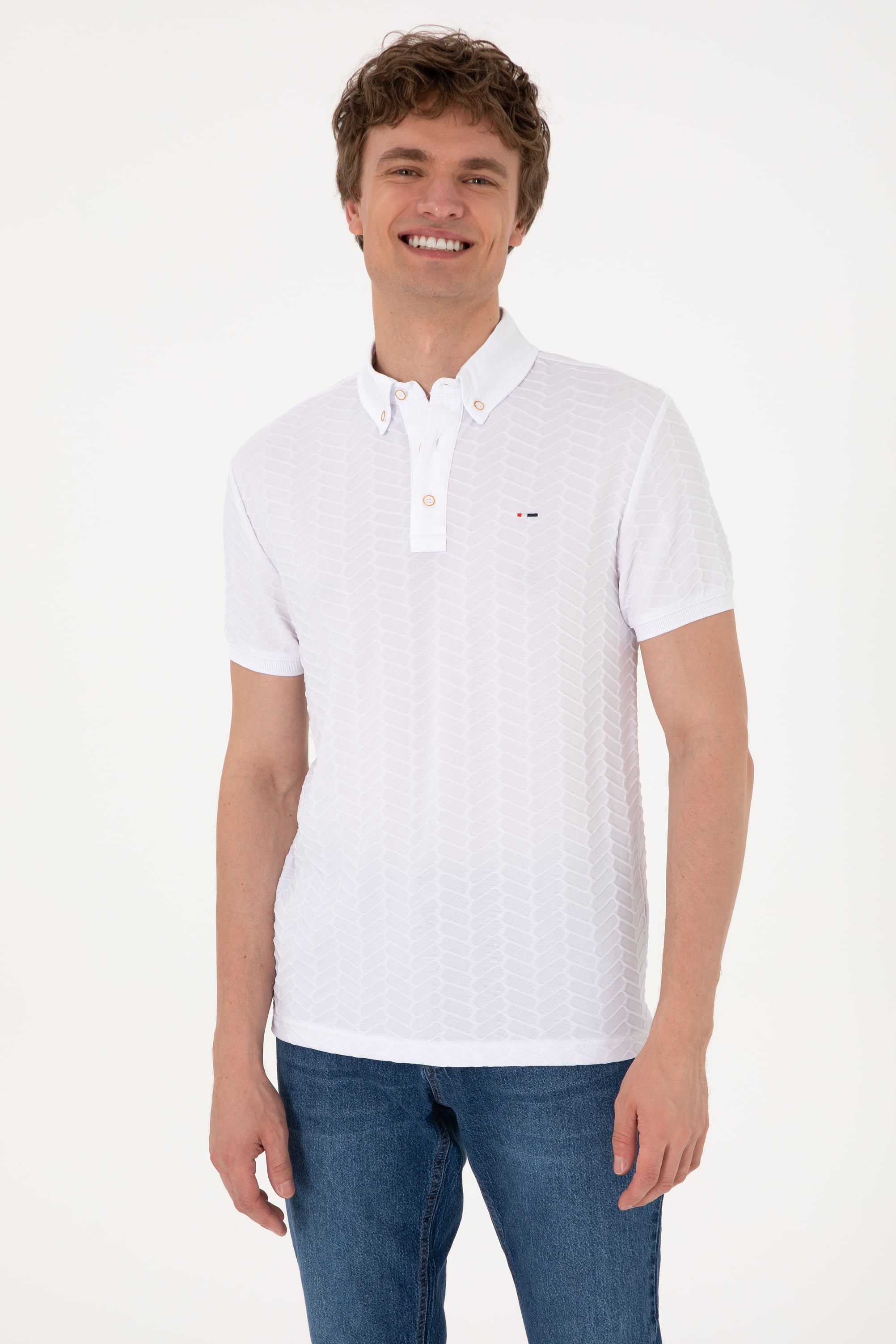 Erkek Slim Fit Polo Yaka Beyaz Dokulu Tişört - Image 1
