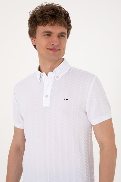 Erkek Slim Fit Polo Yaka Beyaz Dokulu Tişört
