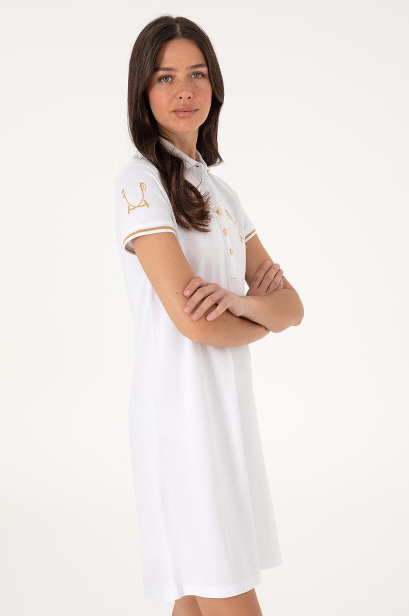 Kadın Beyaz Polo Yaka Mini Boy Örme Elbise