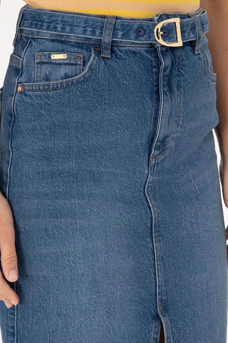 Kadın Mavi Midi Boy Yırtmaçlı Jean Etek - 50301068005