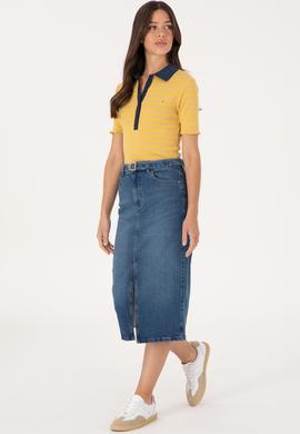 Kadın Mavi Midi Boy Yırtmaçlı Jean Etek - 50301068005