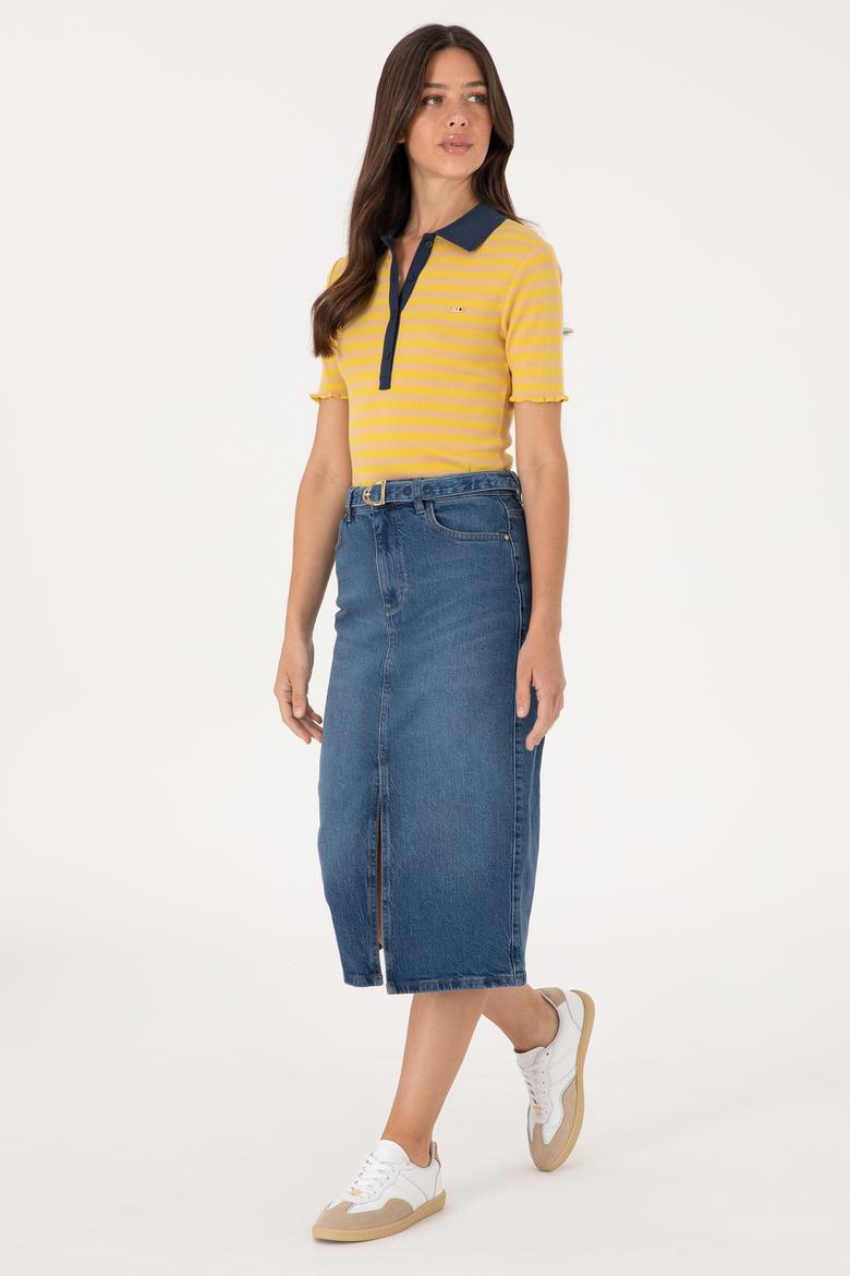 Kadın Mavi Midi Boy Yırtmaçlı Jean Etek - 50301068005