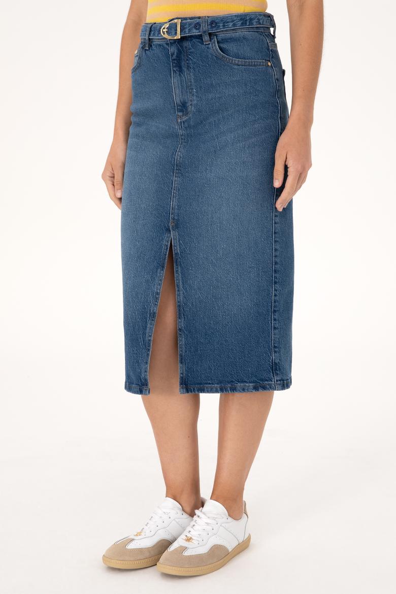 Kadın Mavi Midi Boy Yırtmaçlı Jean Etek - 50301068005