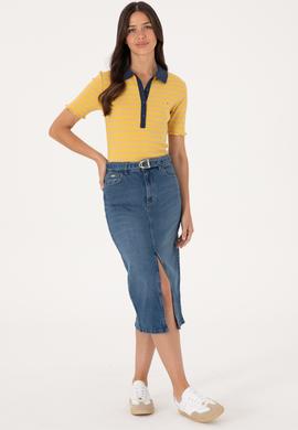 Kadın Mavi Midi Boy Yırtmaçlı Jean Etek - 50301068005