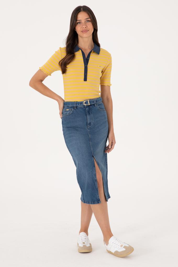 Kadın Mavi Midi Boy Yırtmaçlı Jean Etek