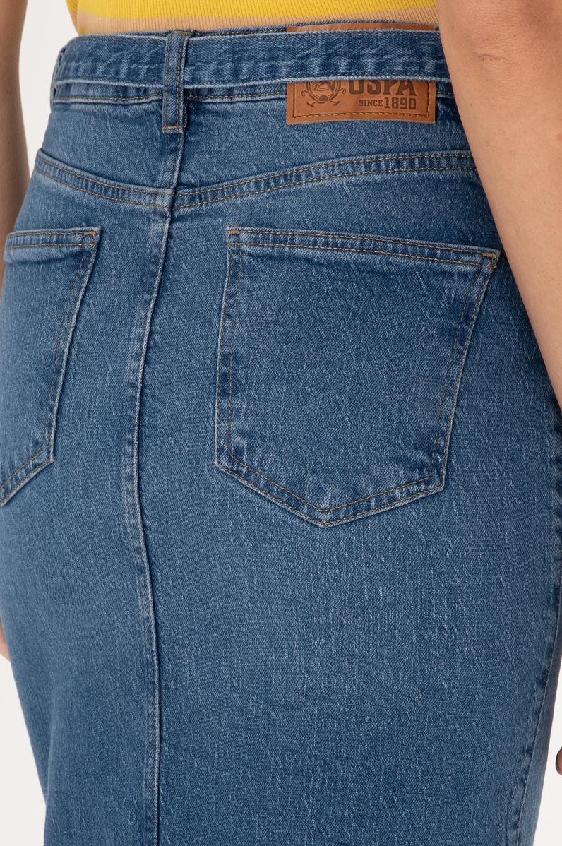 Kadın Mavi Midi Boy Yırtmaçlı Jean Etek