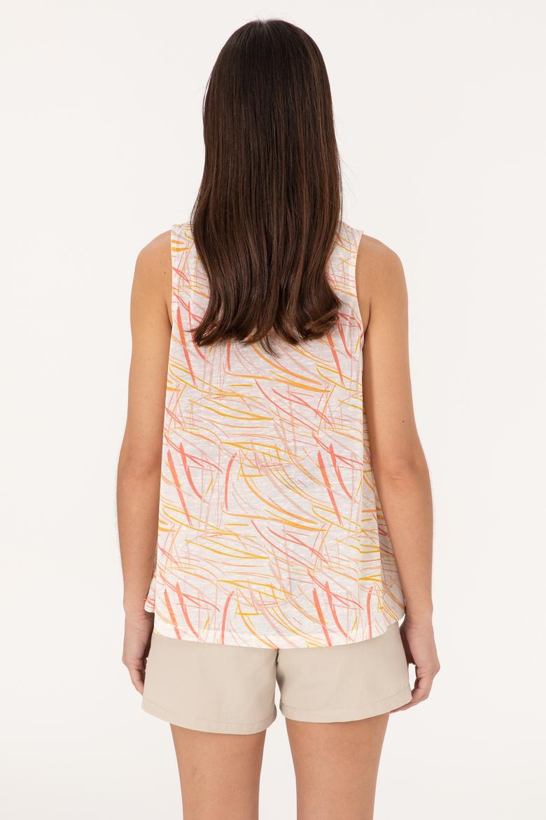 Kadın Turuncu Desenli Kolsuz Bisiklet Yaka Tişört - 50300782011