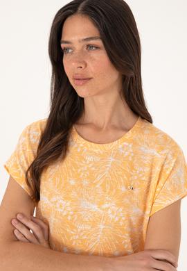 Kadın Turuncu Desenli Bisiklet Yaka Tişört - 50305761012