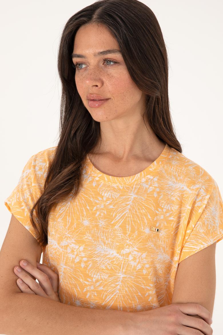 Kadın Turuncu Desenli Bisiklet Yaka Tişört - 50305761012