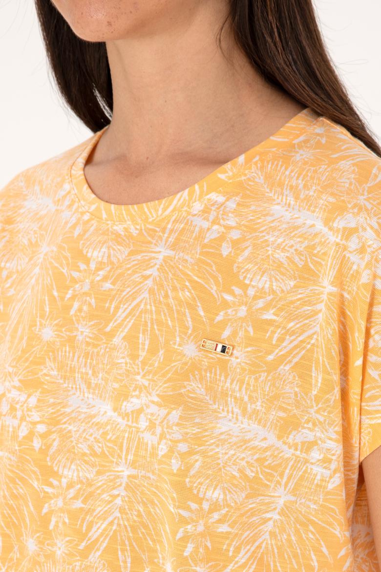 Kadın Turuncu Desenli Bisiklet Yaka Tişört - 50305761012