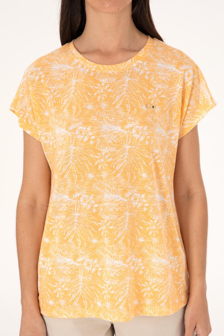 Kadın Turuncu Desenli Bisiklet Yaka Tişört - 50305761012