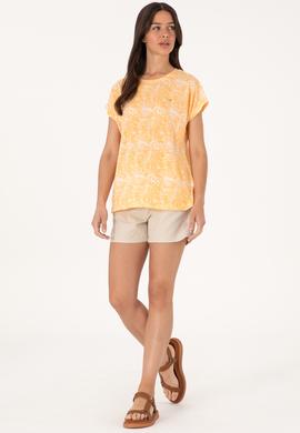 Kadın Turuncu Desenli Bisiklet Yaka Tişört - 50305761012