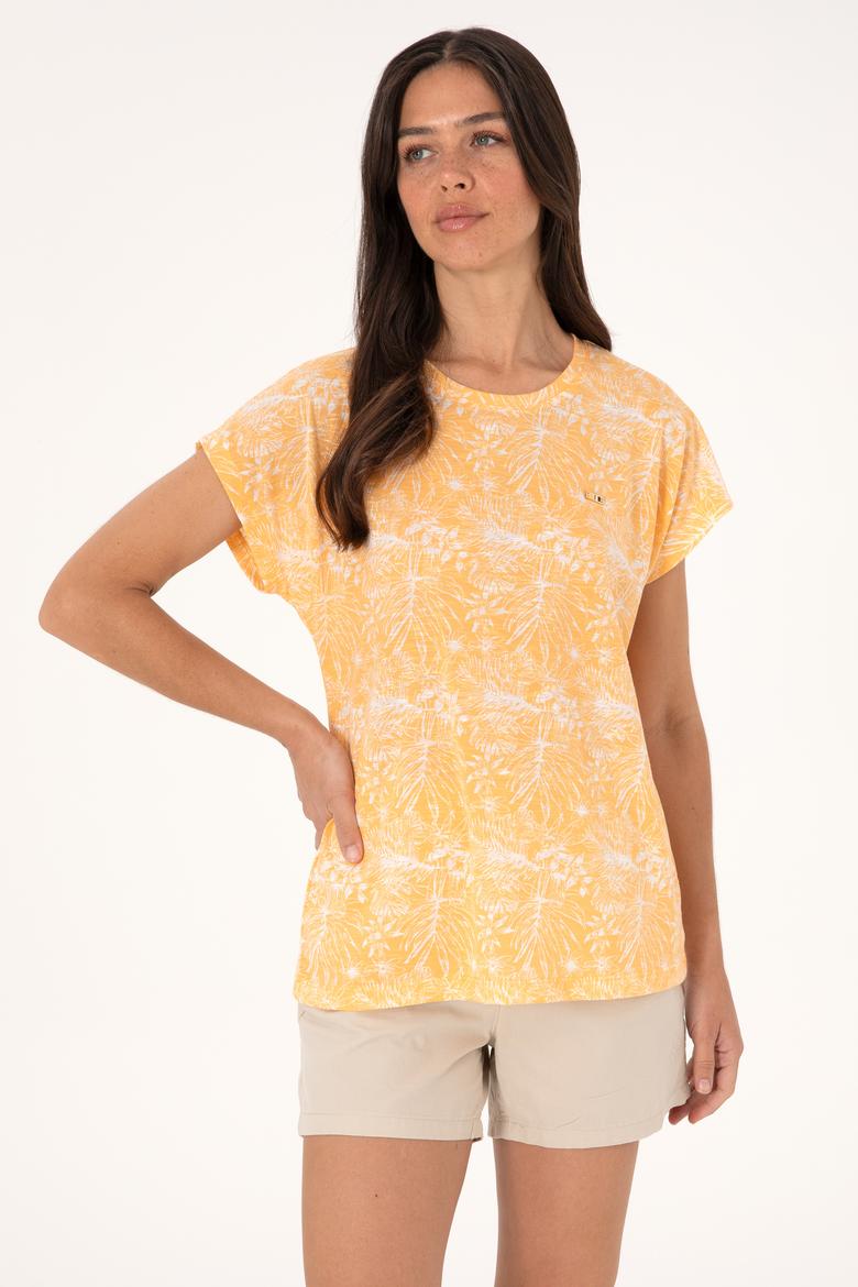 Kadın Turuncu Desenli Bisiklet Yaka Tişört - 50305761012