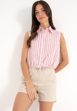 Kadın Pembe Çizgili Kısa Kollu Gömlek - 50306475005