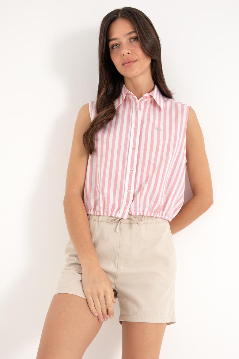 Kadın Pembe Çizgili Kısa Kollu Gömlek - 50306475005
