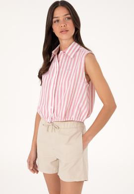 Kadın Pembe Çizgili Kısa Kollu Gömlek - 50306475005
