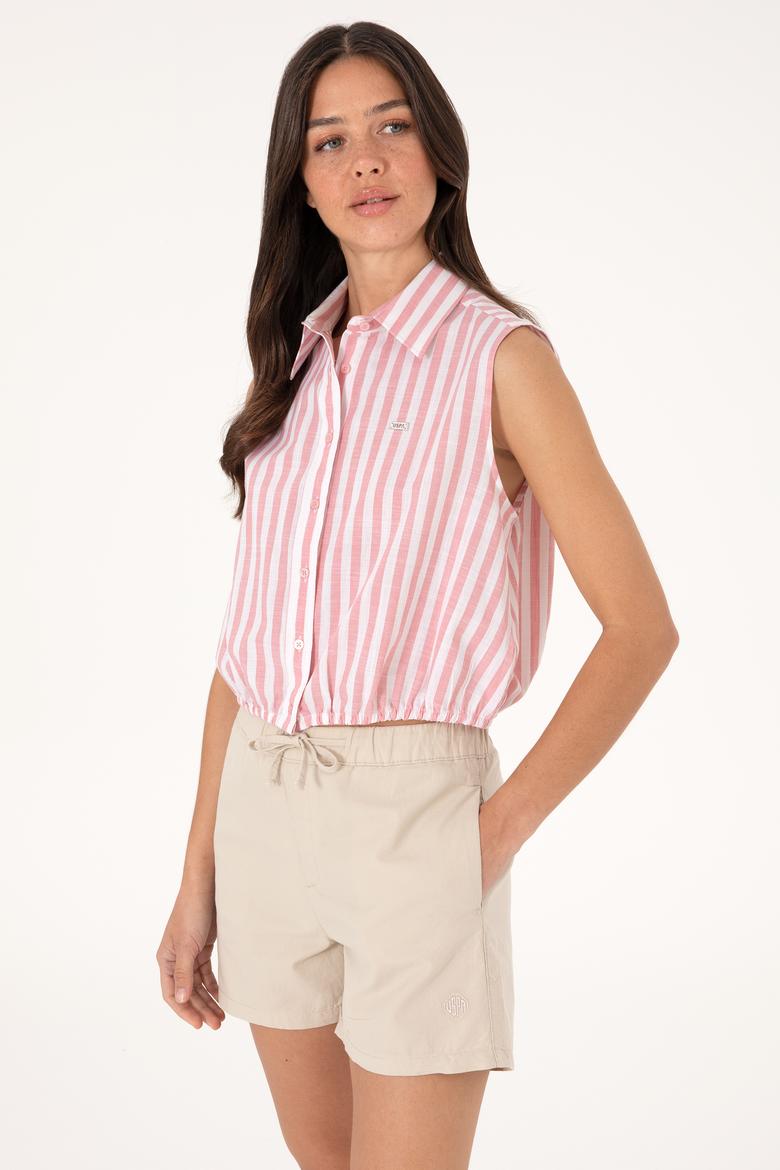 Kadın Pembe Çizgili Kısa Kollu Gömlek - 50306475005