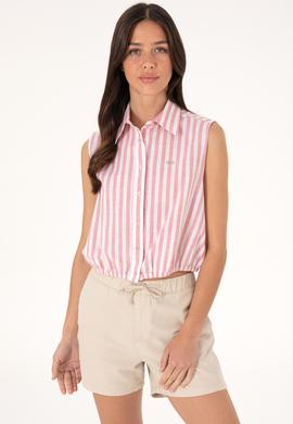 Kadın Pembe Çizgili Kısa Kollu Gömlek - 50306475005