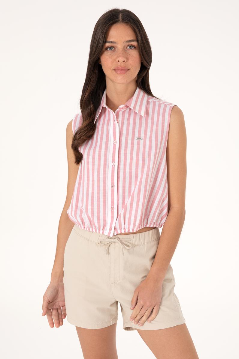 Kadın Pembe Çizgili Kısa Kollu Gömlek