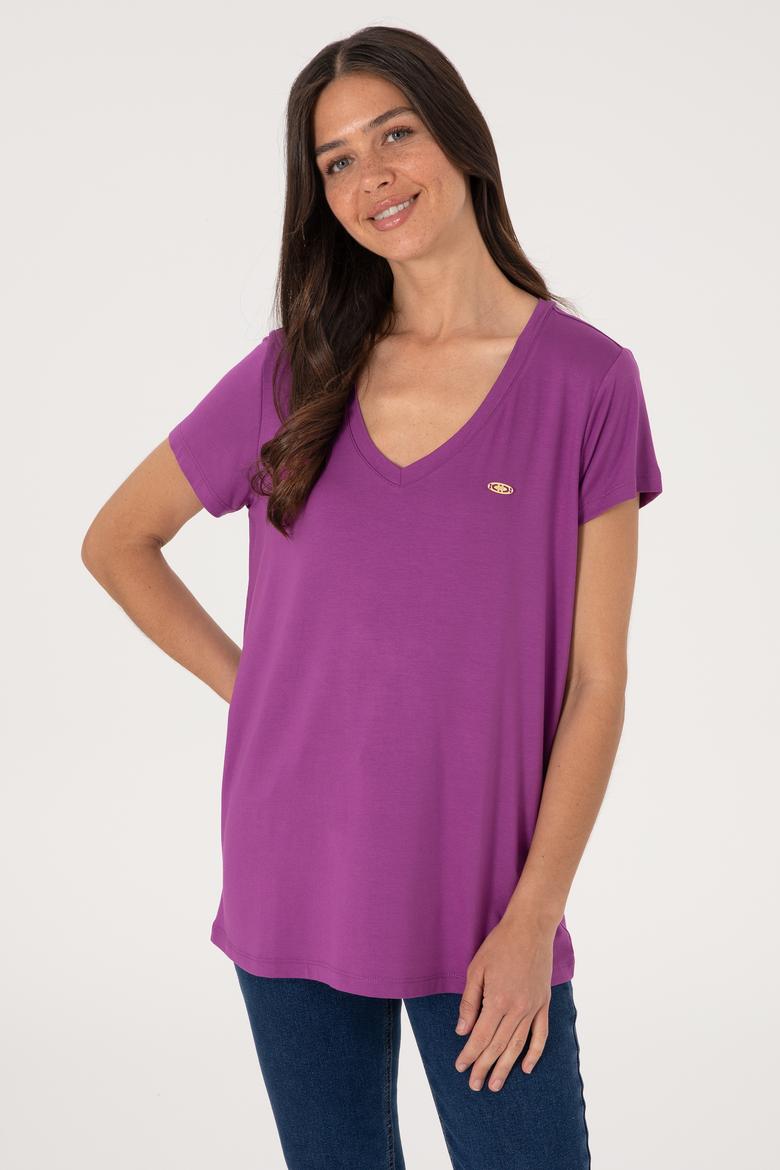 Kadın Menekşe V Yaka Basic Tişört - 50300829133