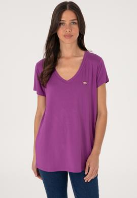 Kadın Menekşe V Yaka Basic Tişört - 50300829133