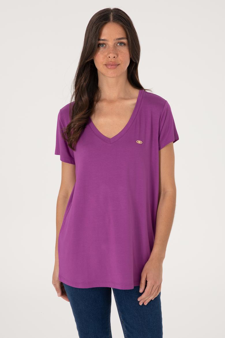 Kadın Menekşe V Yaka Basic Tişört