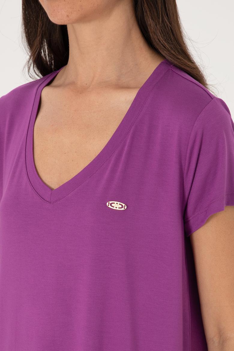 Kadın Menekşe V Yaka Basic Tişört - 50300829133