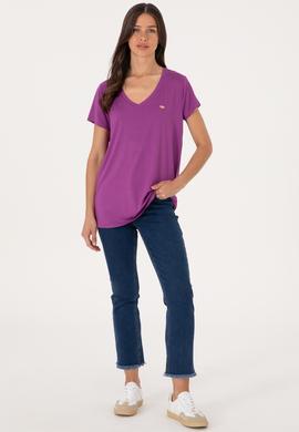 Kadın Menekşe V Yaka Basic Tişört - 50300829133