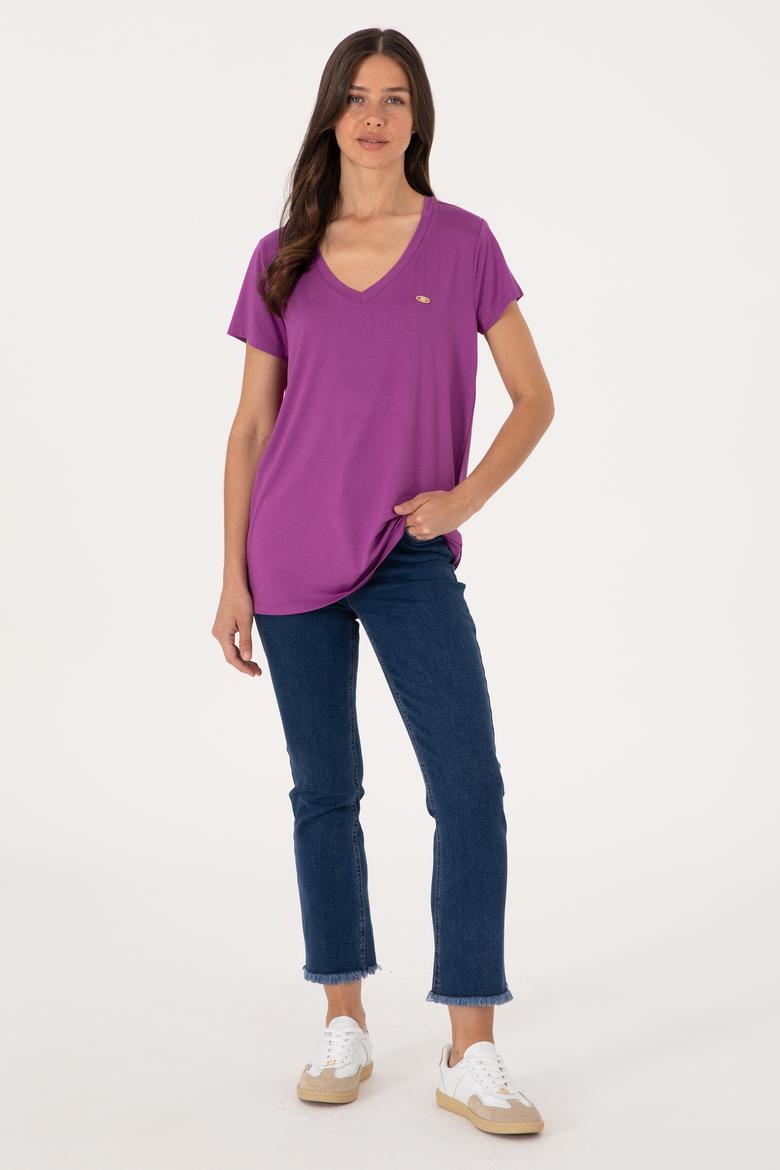 Kadın Menekşe V Yaka Basic Tişört - 50300829133