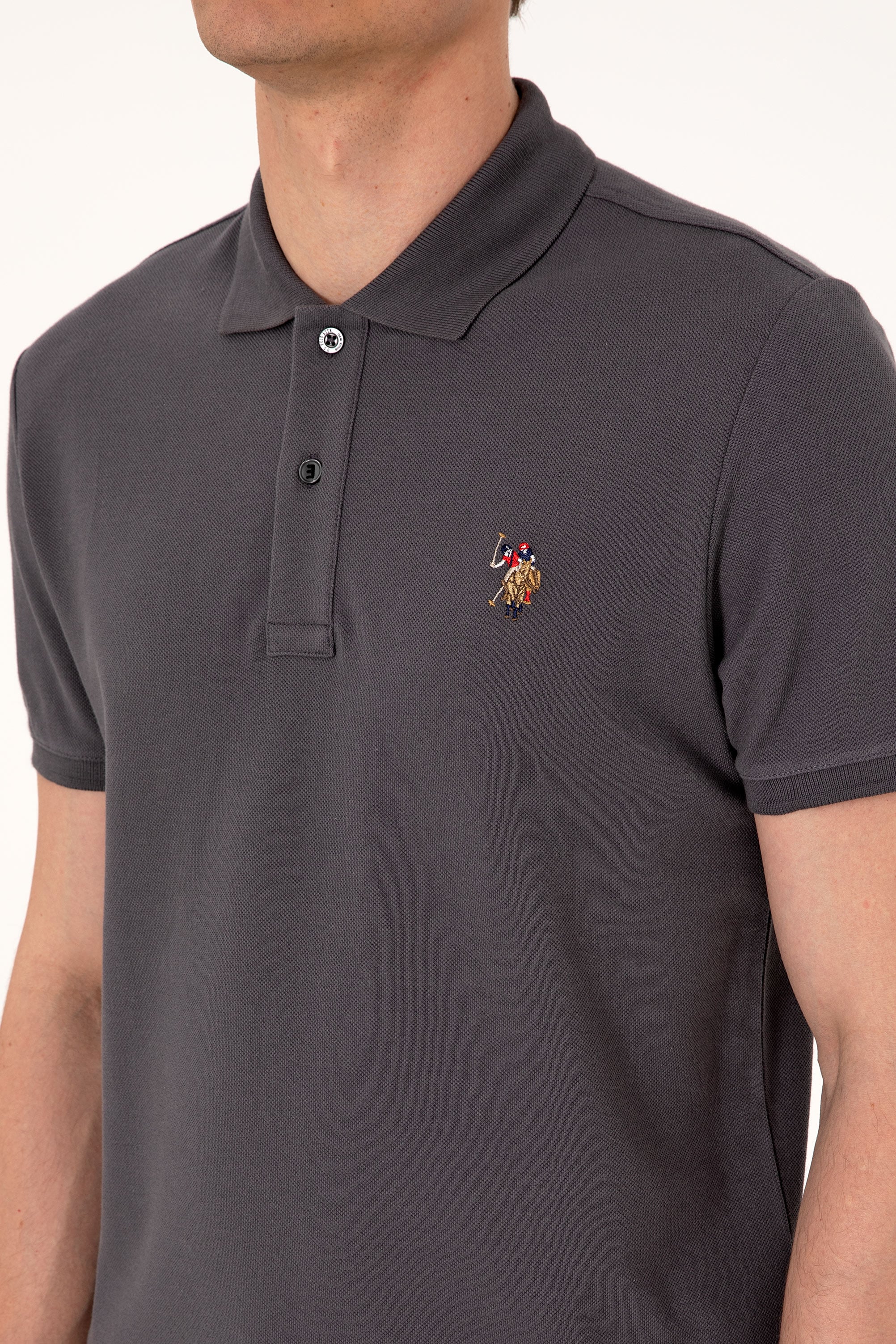 Erkek Slim Fit Polo Yaka Antrasit Basic Tişört - Image 7