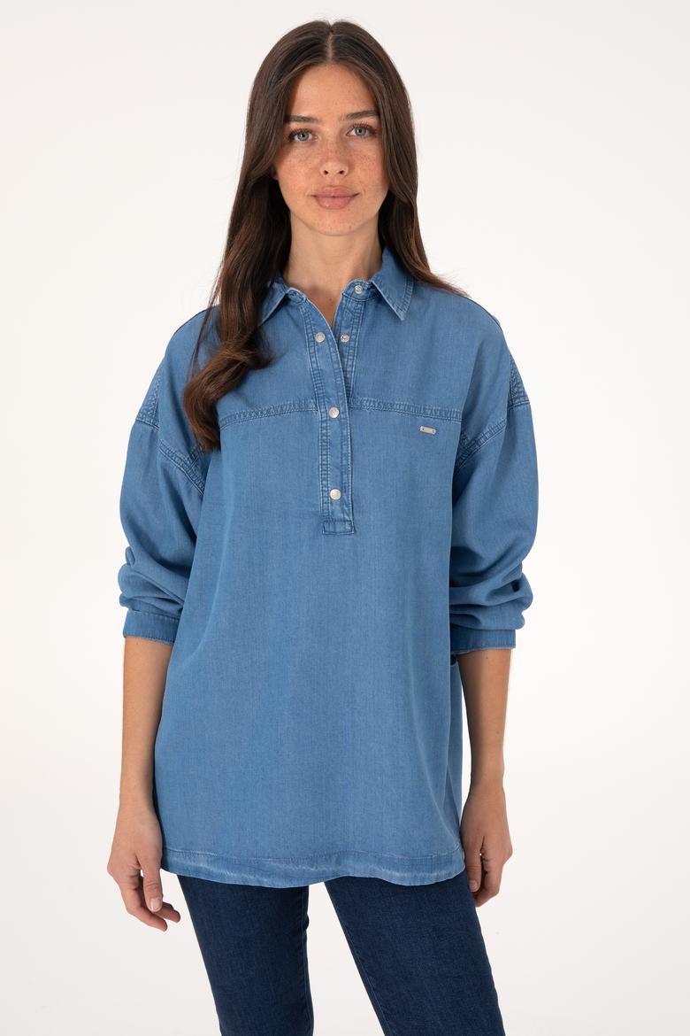 Kadın Açık Mavi Jean Gömlek