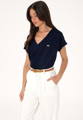 Kadın Lacivert V Yaka Tişört - 50307304021
