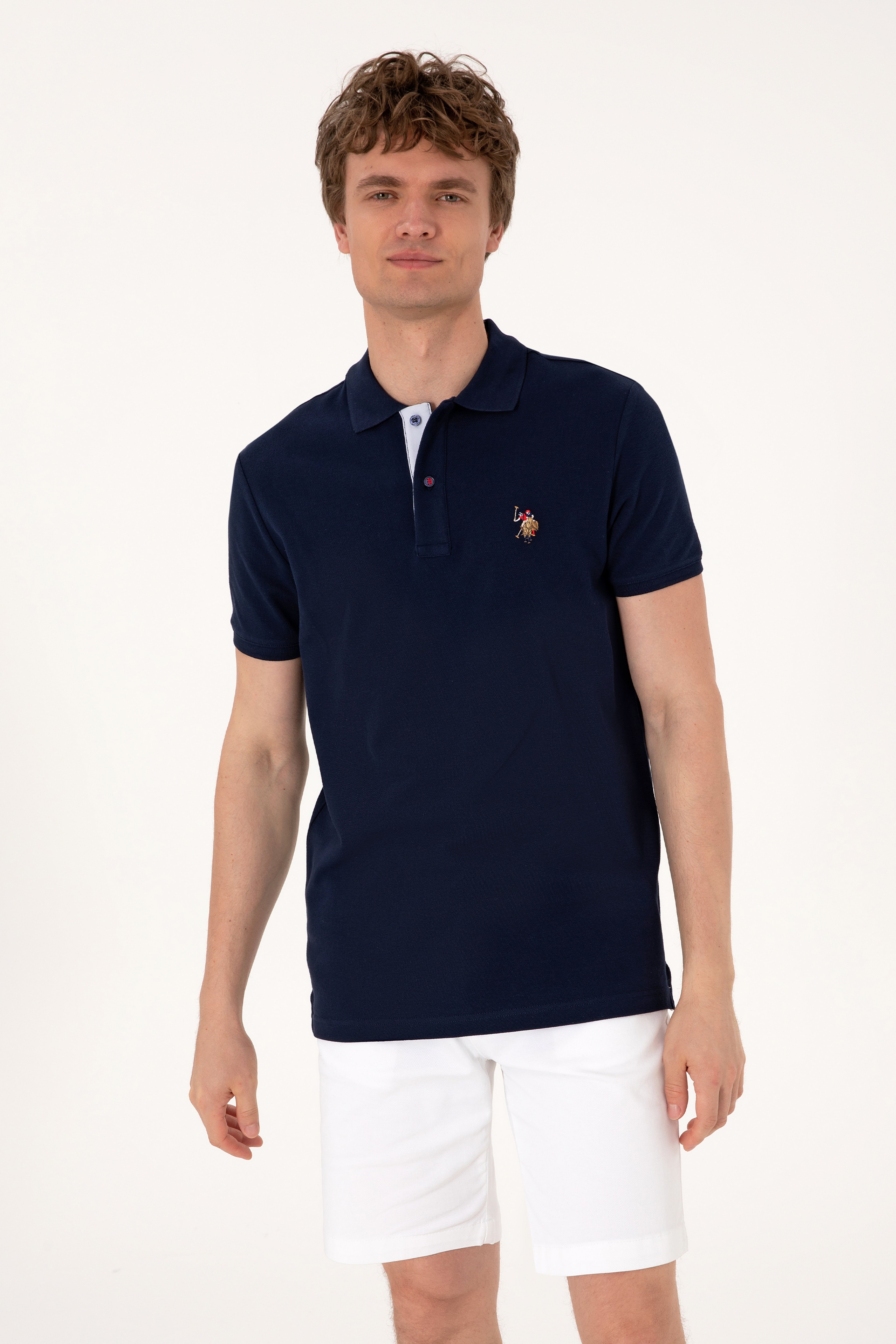 Erkek Slim Fit Polo Yaka Lacivert Basic Tişört - Image 1