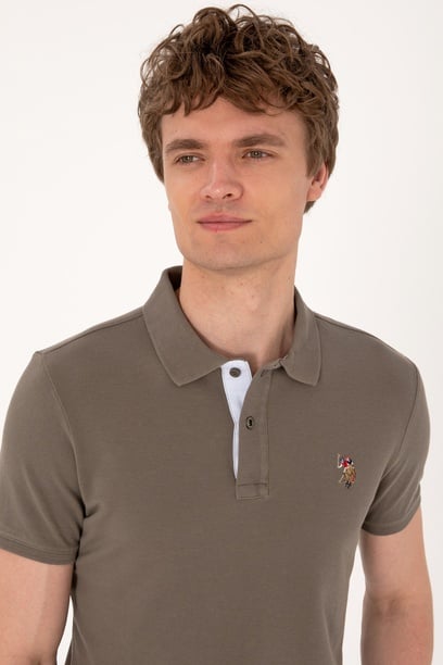 Erkek Slim Fit Polo Yaka Vizon Basic Tişört