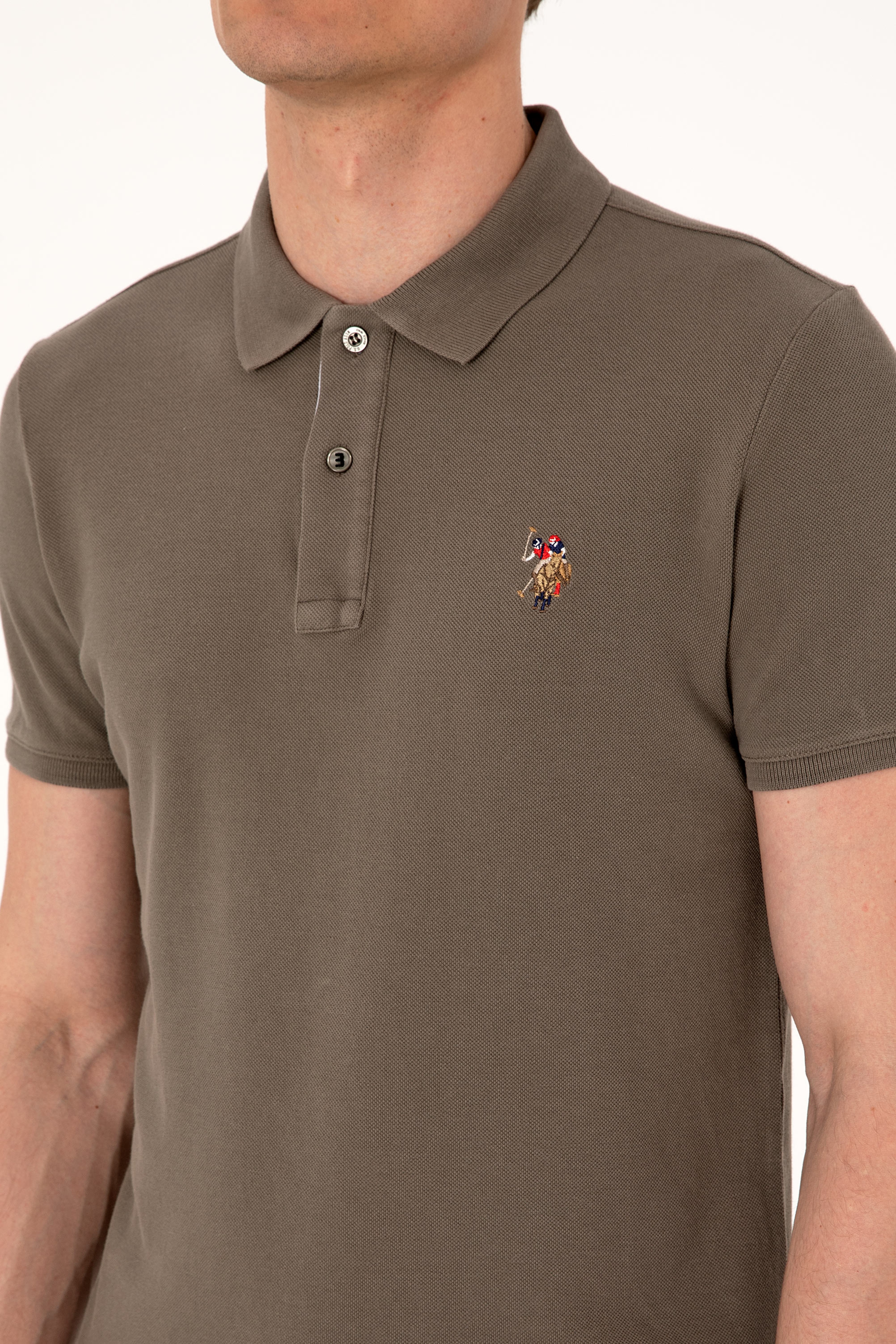 Erkek Slim Fit Polo Yaka Vizon Basic Tişört - Image 7