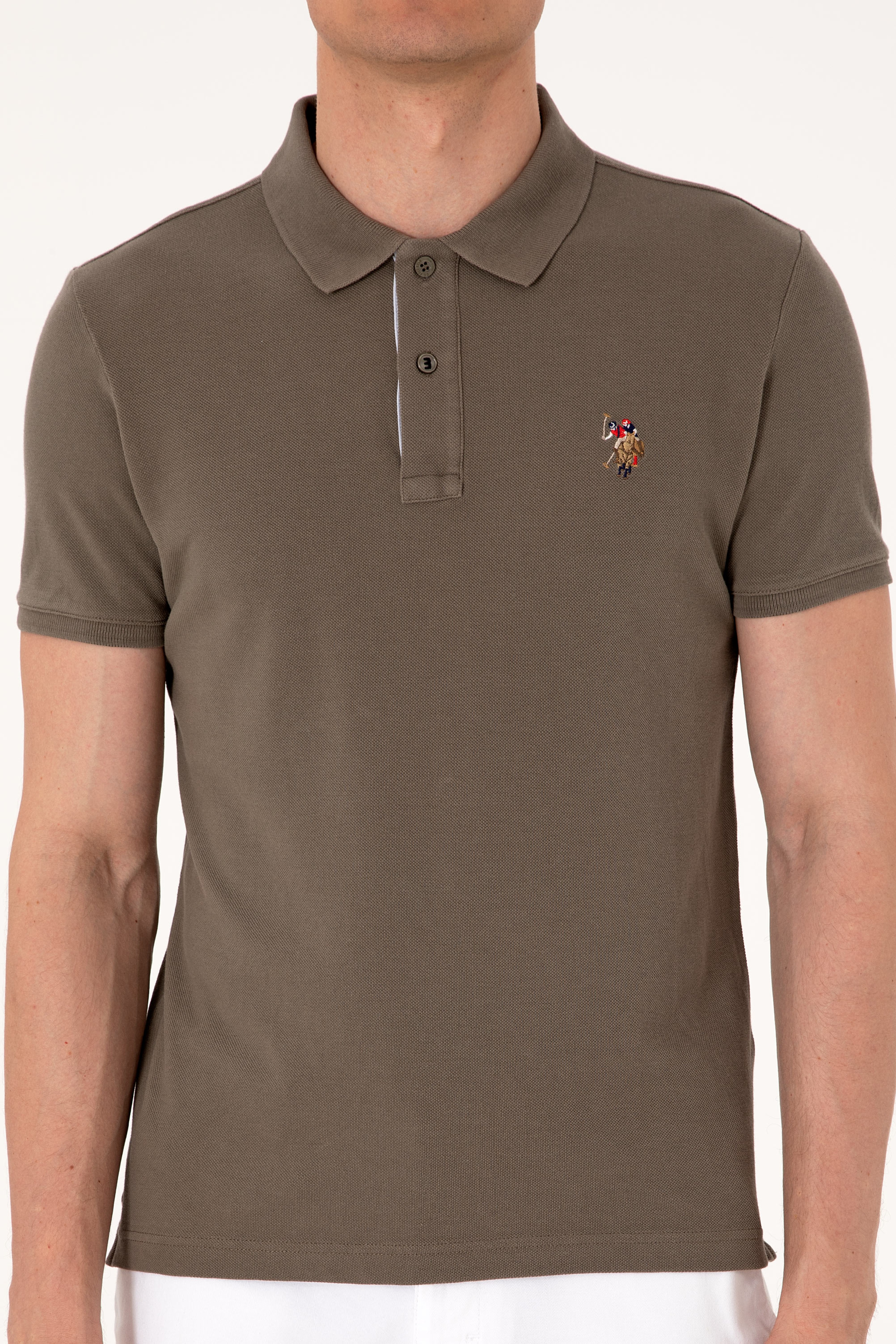 Erkek Slim Fit Polo Yaka Vizon Basic Tişört