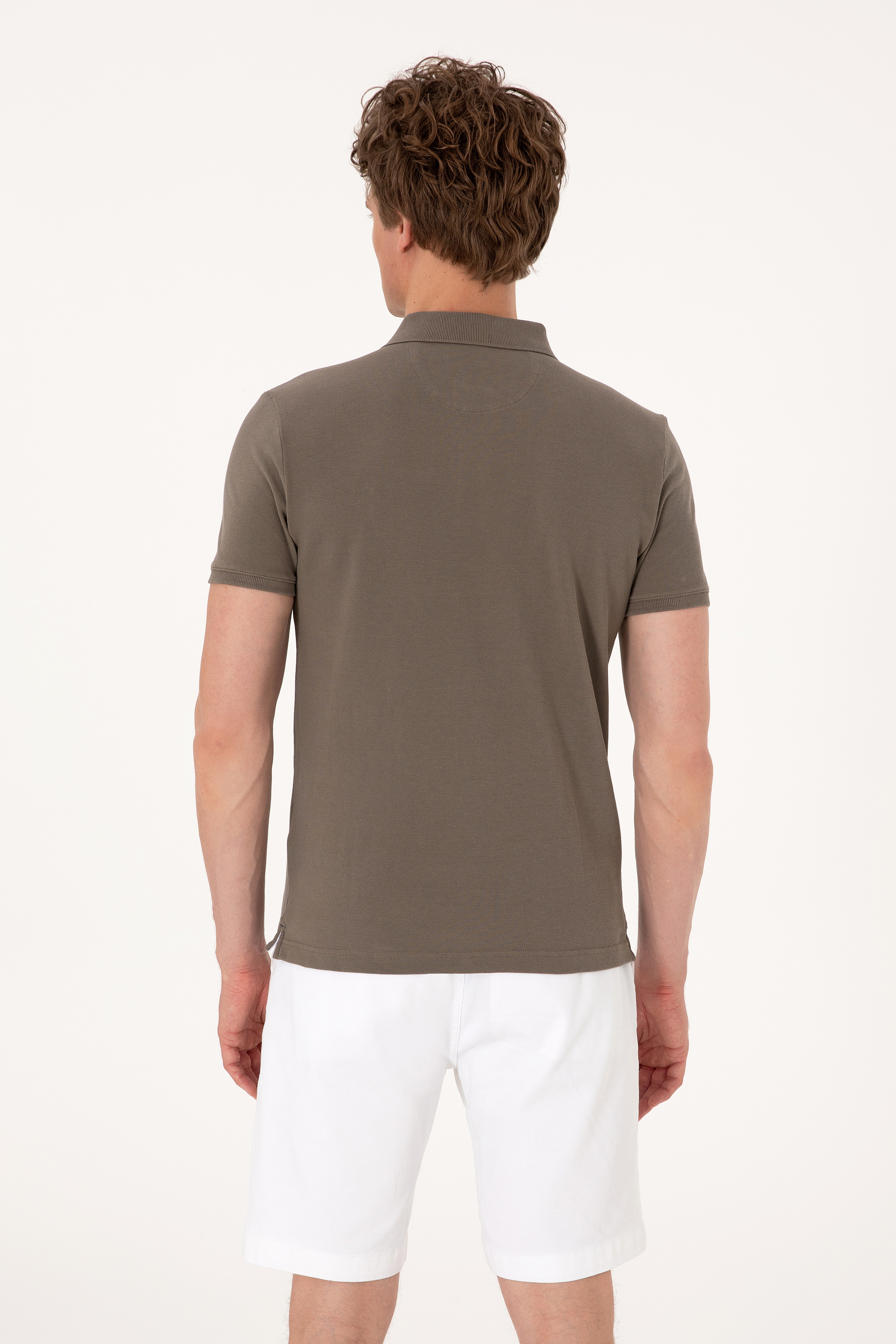 Erkek Slim Fit Polo Yaka Vizon Basic Tişört - Image 5