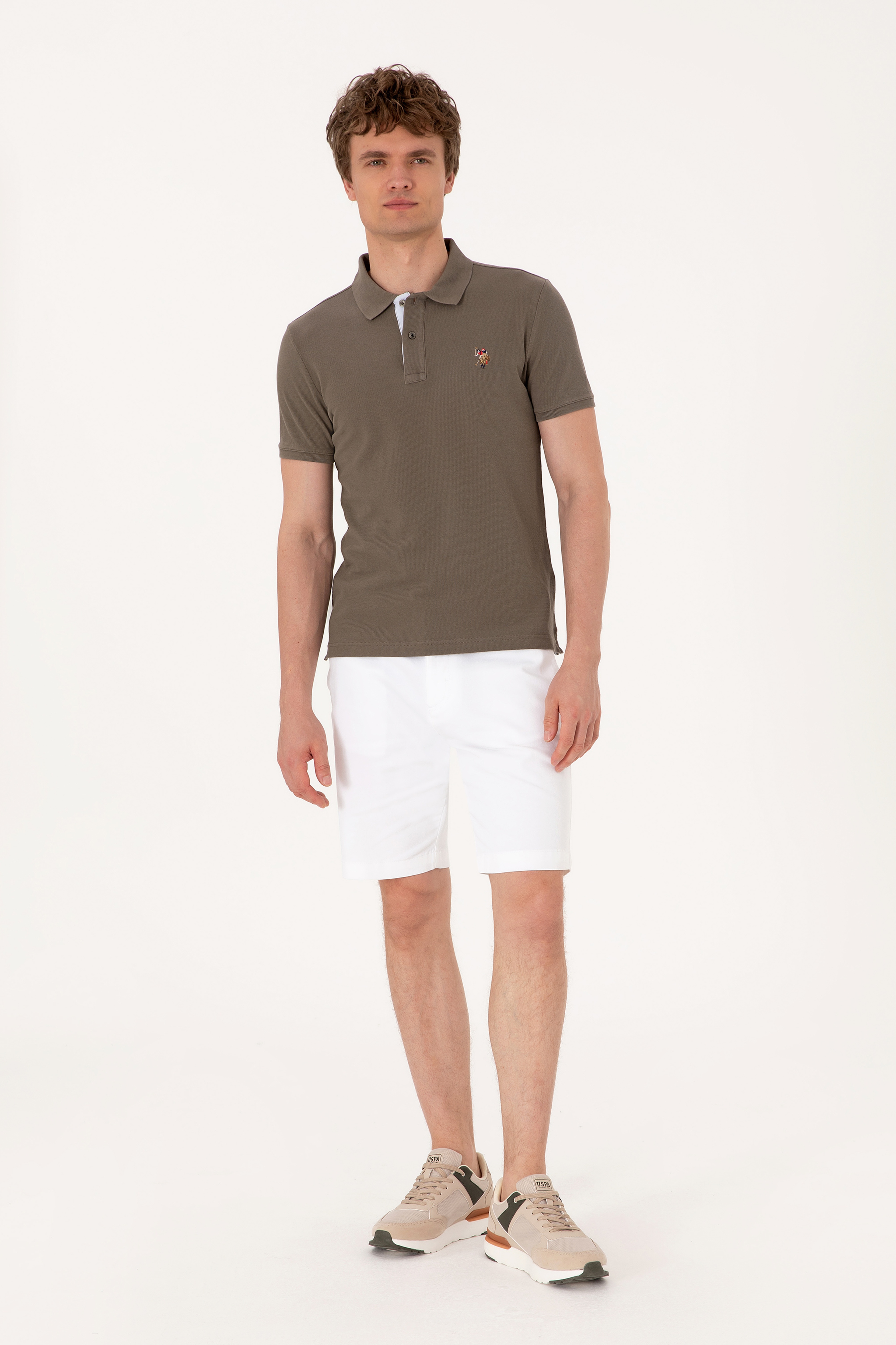 Erkek Slim Fit Polo Yaka Vizon Basic Tişört