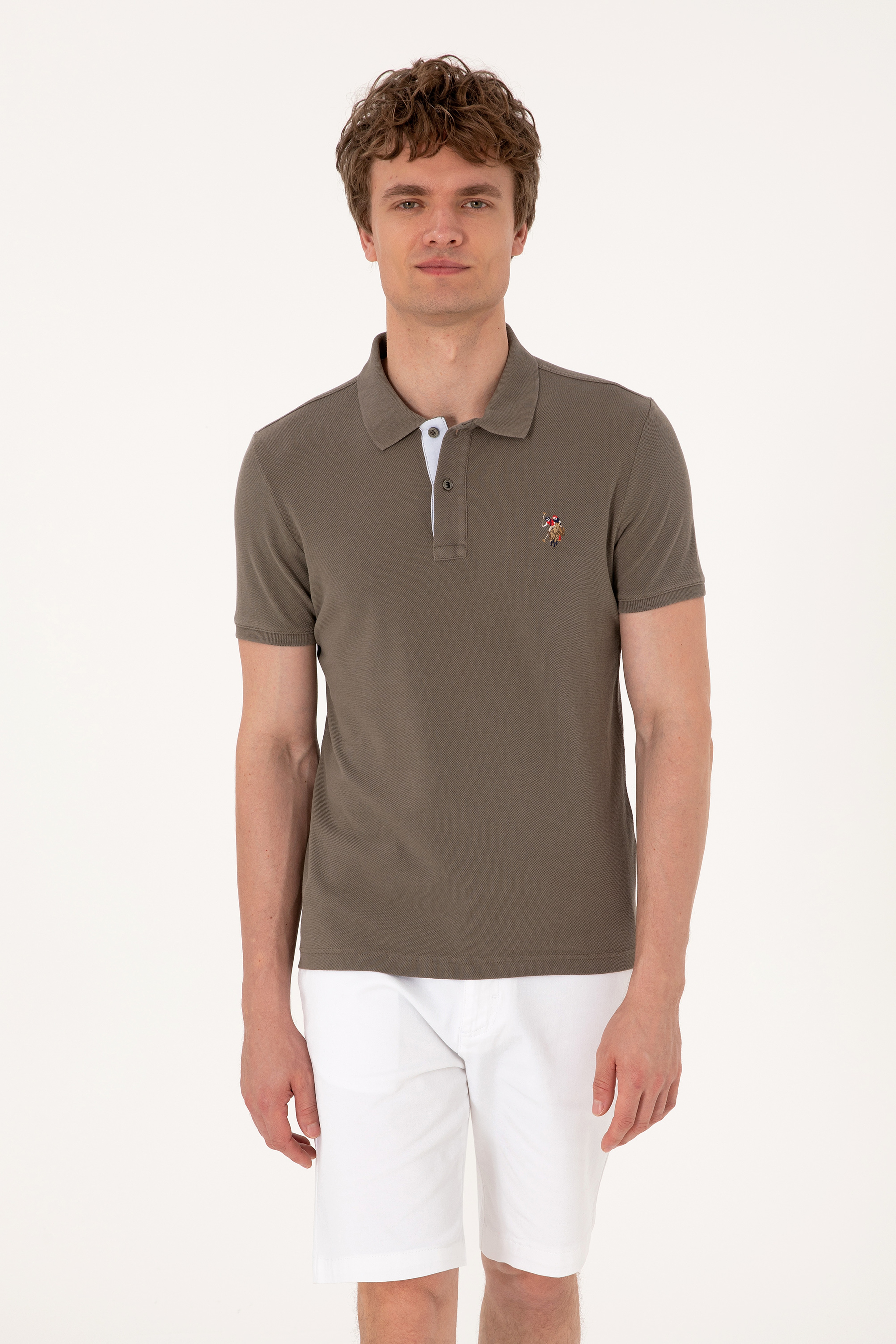 Erkek Slim Fit Polo Yaka Vizon Basic Tişört