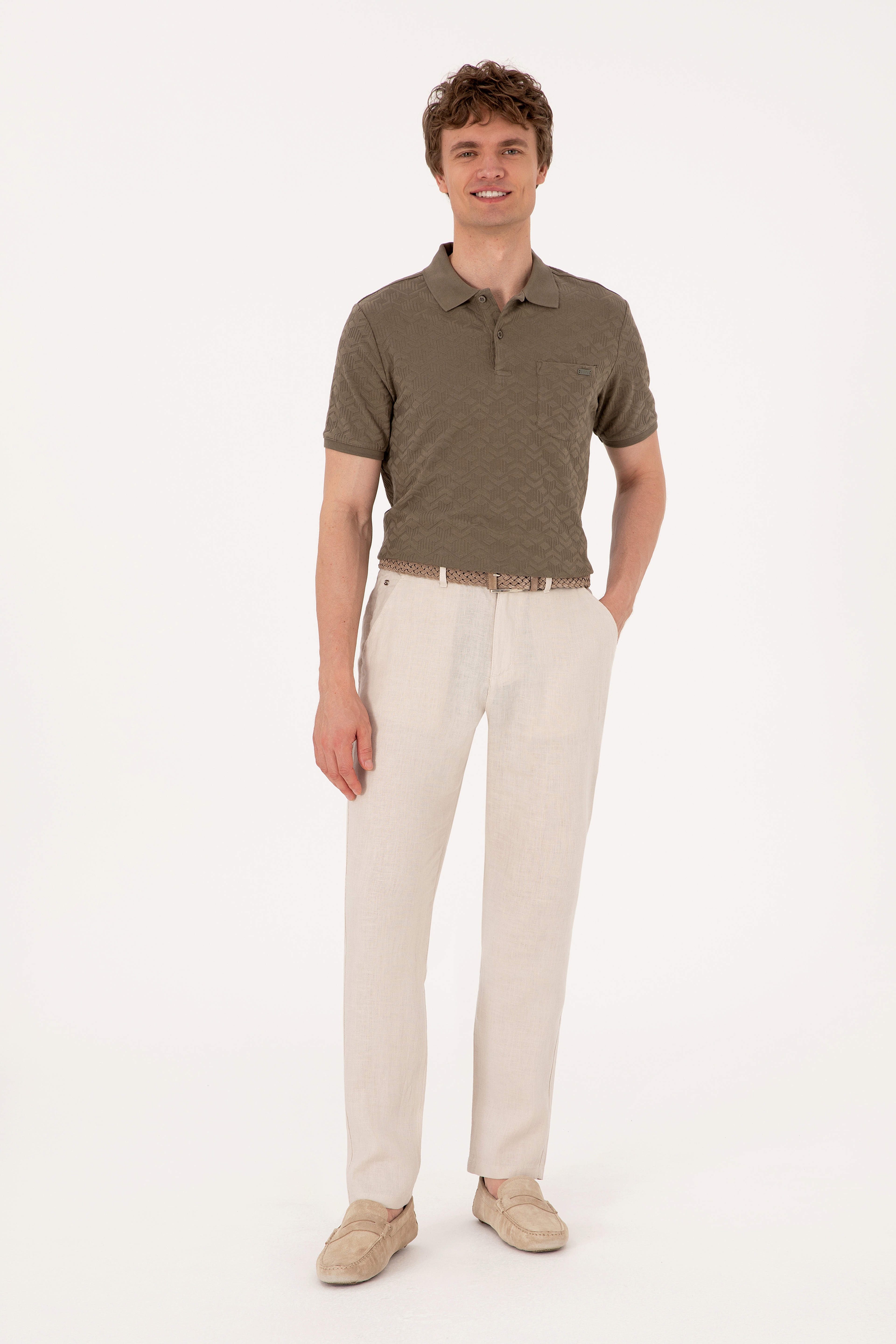 Erkek Regular Fit Polo Yaka Vizon Dokulu Tişört - Image 4