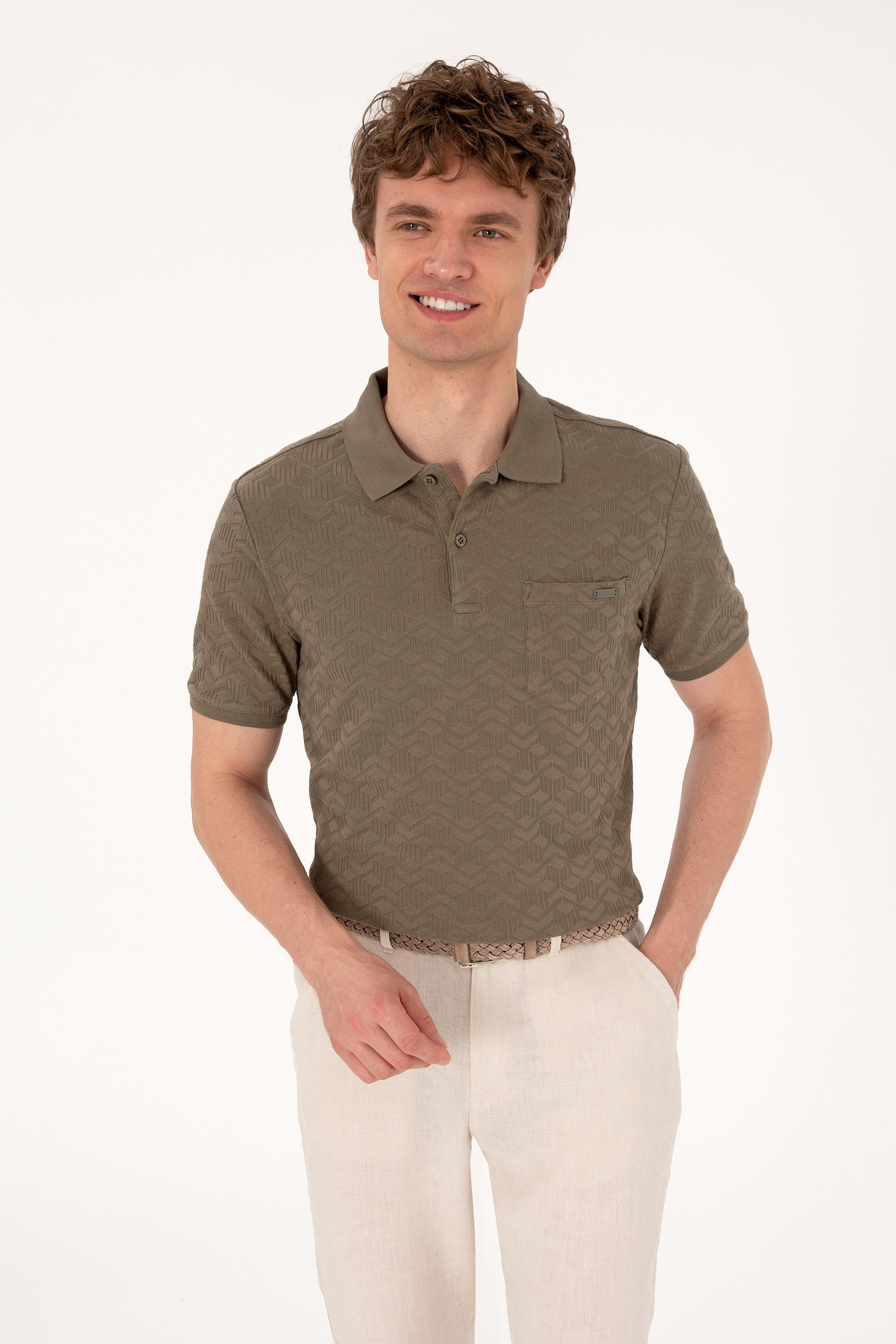 Erkek Regular Fit Polo Yaka Vizon Dokulu Tişört - Image 1