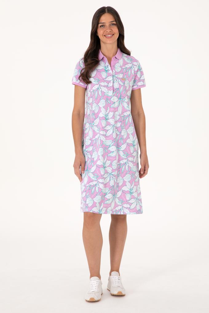 Kadın Fuşya Desenli Polo Yaka Mini Boy Örme Elbise