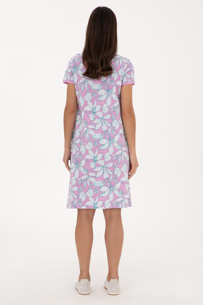 Kadın Fuşya Desenli Polo Yaka Mini Boy Örme Elbise - 50300768004