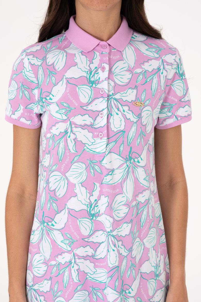 Kadın Fuşya Desenli Polo Yaka Mini Boy Örme Elbise - 50300768004