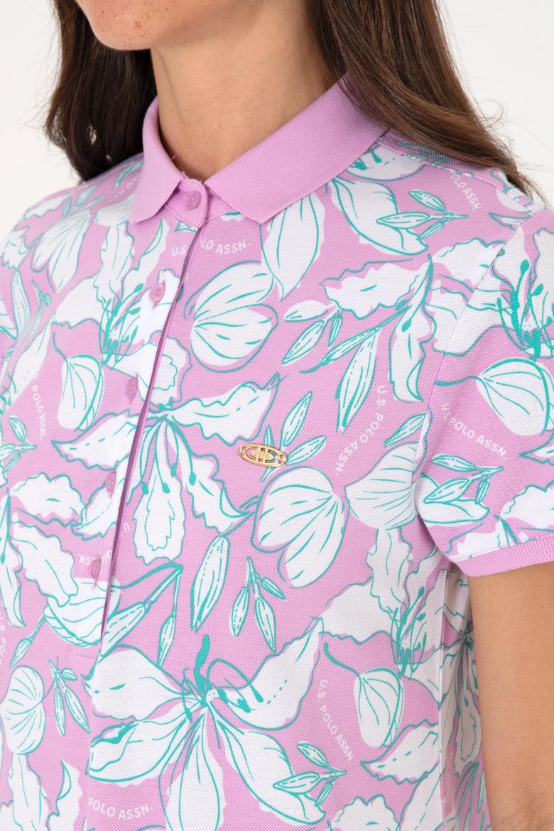 Kadın Fuşya Desenli Polo Yaka Mini Boy Örme Elbise - 50300768004