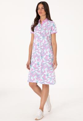 Kadın Fuşya Desenli Polo Yaka Mini Boy Örme Elbise - 50300768004